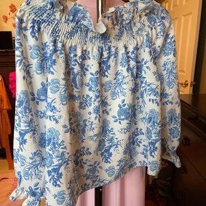 Blue and white off the shoulder blouse